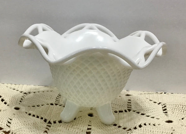 Imperial Glass, Footed Lace Edge Diamond Point Milk Glass Dish