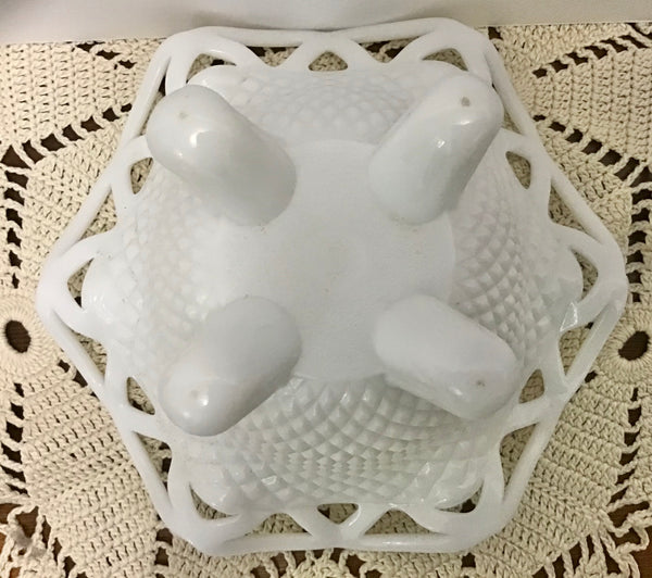 Imperial Glass, Footed Lace Edge Diamond Point Milk Glass Dish