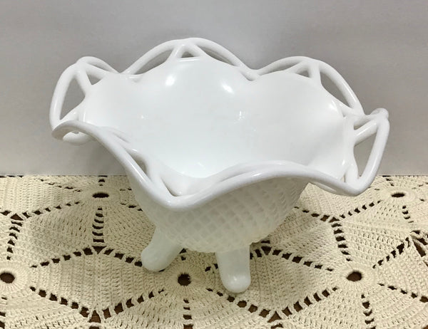 Imperial Glass, Footed Lace Edge Diamond Point Milk Glass Dish