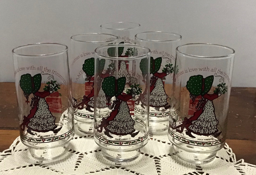 6 Holly Hobbie Christmas Glasses - Christmas is Love with all the Trimmings - set of 6
