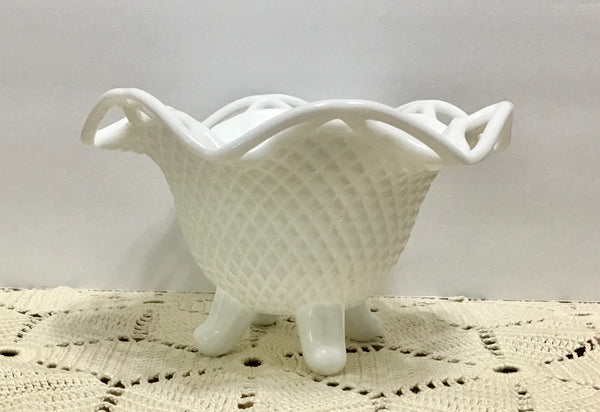 Imperial Glass, Footed Lace Edge Diamond Point Milk Glass Dish